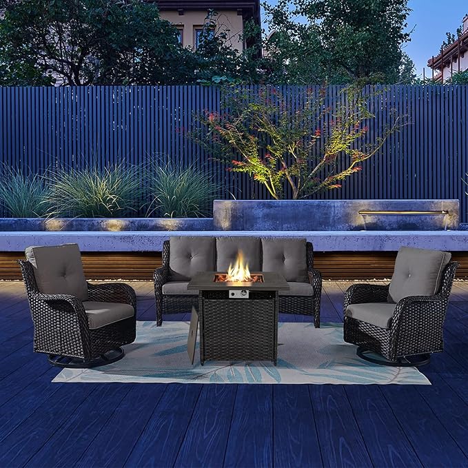 Patio Furniture 4 Piece, All-Weather PE Wicker Outdoor Furniture Set with CSA Certified 30in Propane Fire Pit Table,Outdoor Patio Furniture with Swivel Rocking Chairs