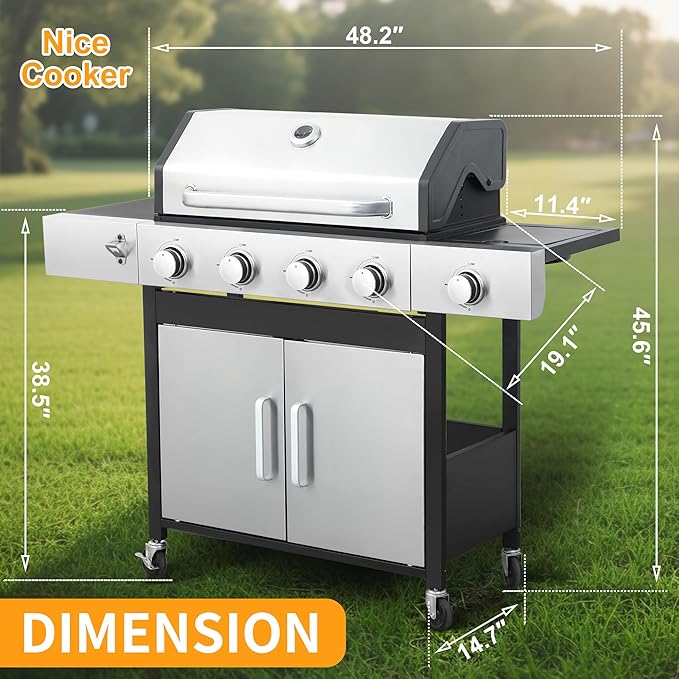 4 Burner Propane Gas BBQ Grill with Side Burner - 46890 BTU Output Stainless Steel Grill with Enameled Cast Iron Cooking Grid Side Table for Outdoor Backyard Patio Barbecue