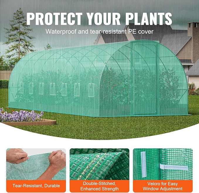 VEVOR Walk-in Tunnel Greenhouse, 27.4x9.5x7.4 ft Hoop House Greenhouse Tunnel, Plant Hot House with Galvanized Steel Frame, Green PE Cover, Swing Door and 16 Roll-up Windows for Outdoor