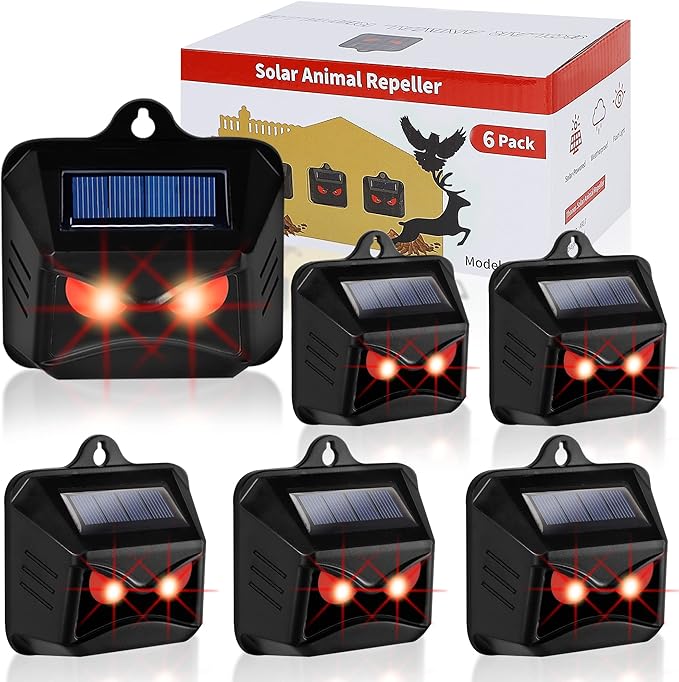 6 Pack Solar Animal Repellent, Predator Eyes Animal Deterrent Sentinels with Red LED Blinking Lights Drive Away Raccoon, Deer, Skunk, Cat, Coyote from Yard Farm and Chicken Coops