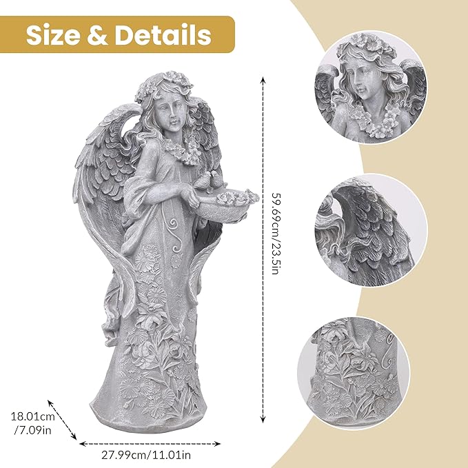 Outdoor Statues Angel Décor Garden Statue- 23.5" H Angel Statue,Resin Angel with Bird Figurine, Ideal for Yard, Patio, Deck, Home Entryway, and Hallway（Grey）