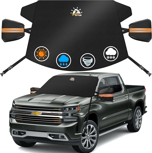 Zettum Car Windshield with Tow Mirror Cover - 600D Windshield Cover for Ice and Snow Windproof & Heavy Duty, Winter Frost Hail Protector for Pickup, Truck, SUV, Van and MPV with Large Mirror Models