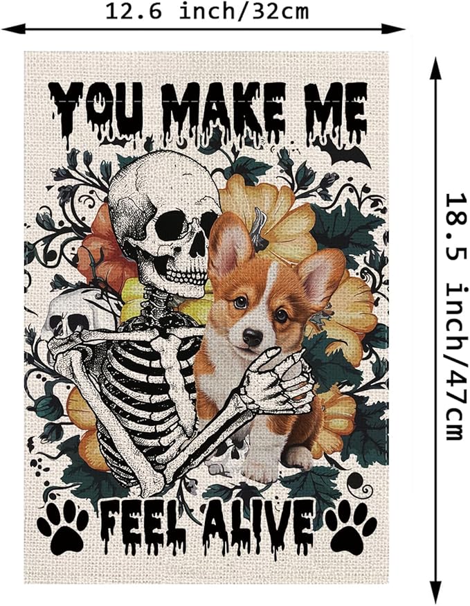Halloween Garden Flag Skeleton and His Cogi Vertical Double Sided Flags for Holiday Farmhouse Patio Yard Outdoor Party Decor Decorations Gifts - 12.5 x 18 Inch
