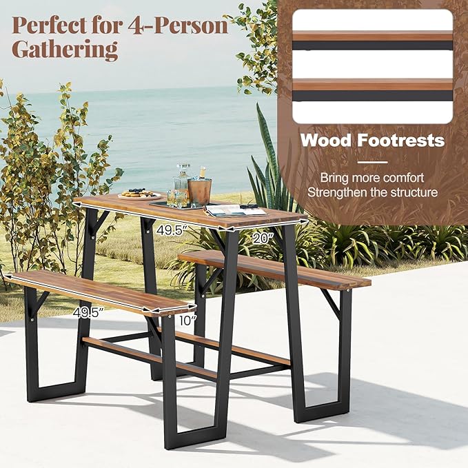 Tangkula Acacia Wood Picnic Table, 4-Person Outdoor Rectangular Table and Bench Set with 2 Built-in Benches, Footrests, Umbrella Hole, Heavy-Duty Metal Frame for Backyard, Poolside, Garden (Natural)