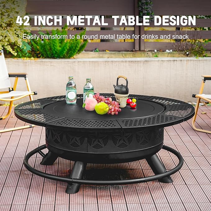 42 Inch BBQ Fire Pit with 2 Grills,3-in-1 Outdoor Round Metal Fire Pit Table with Lid,Fire Poker,Large Outdoor Wood Burning Firepits for Outside,Picnic,Bonfire Backyard Patio(Black)