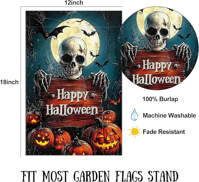 Halloween Garden Flag 12 x 18 Inch Double Sided Skeleton Pumpkin Designs Happy Halloween Fall Autumn Burlap Yard Flag for Outside Rustic Yard Outdoor Holiday Home Decoration
