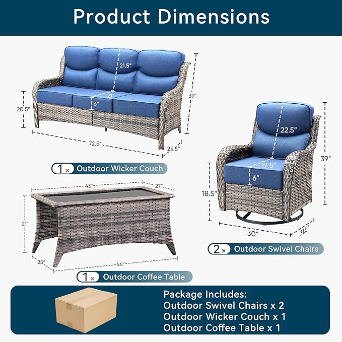Luxury High Back Outdoor Furniture with 6-Inch Thick Cushions, Patio Furniture Set with Swivel Chairs, 4 PCS Wicker Conversation Set for Porch, Balcony, Deck and Yard