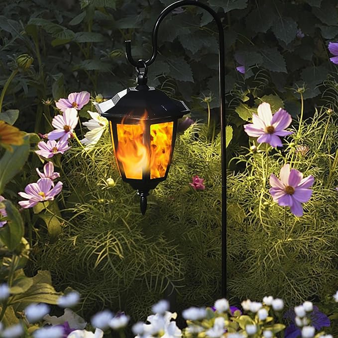Dynaming 2 Pack Solar Flame Hanging Lights Outdoor, Solar Flickering Flame LED Garden Lanterns with 2 x 38 Inch Shepherd Hooks, Landscape Lighting Waterproof for Lawn Patio Yard Pathway Driveway