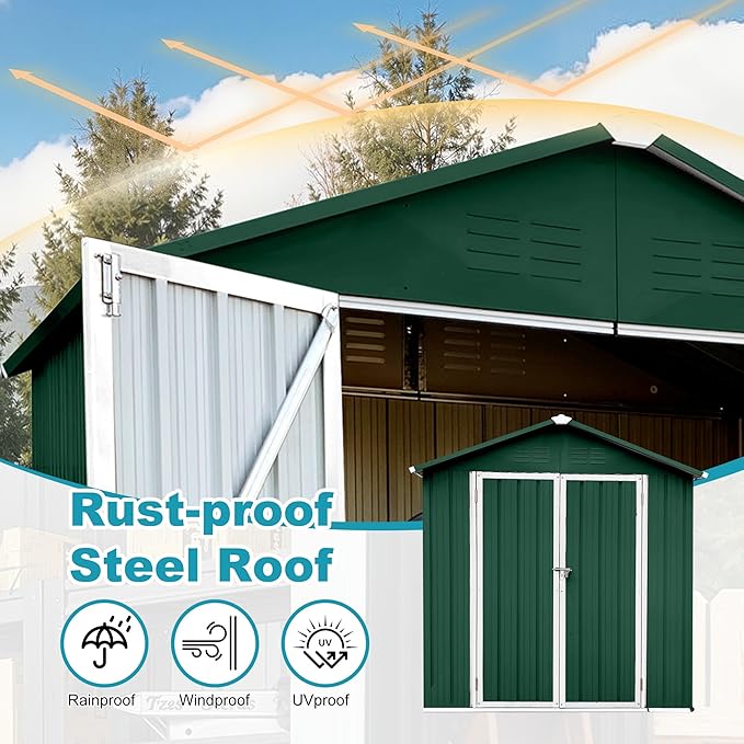 6ft x 4ft Outdoor Storage Shed Apex Roof Tool Shed Outdoor Storage Metal Garden Sheds Tool Cabinet with Galvanized Steel Construction for Backyard, Patio, Poolside, Green