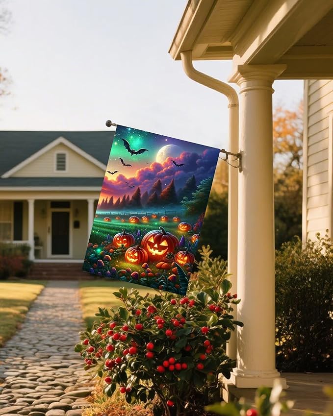 Fantasy Halloween Jack O Lantern Pumpkins Meadow Bats Full Moon House Flag 28" x 40" Double Sided Polyester Welcome Large Yard Garden Flag Banners for Patio Lawn Home Outdoor Decor