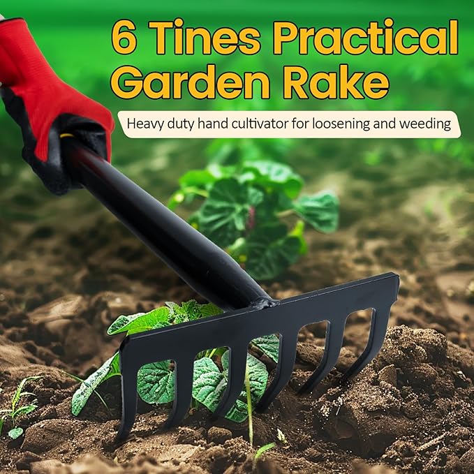 Garden Tool Set, 2 Piece Heavy Duty Gardening Hand Tools with Comfortable Handle, Including Garden Trowel and 6-Tine Rake, Durable Gardening Gift for Kids Men Women