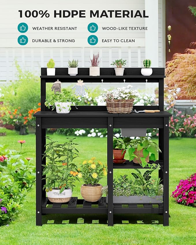 SERWALL Potting Bench Outdoor Potting Table with Sink, HDPE Potting Benches for Outside Gardening Table All Weather Use- Black