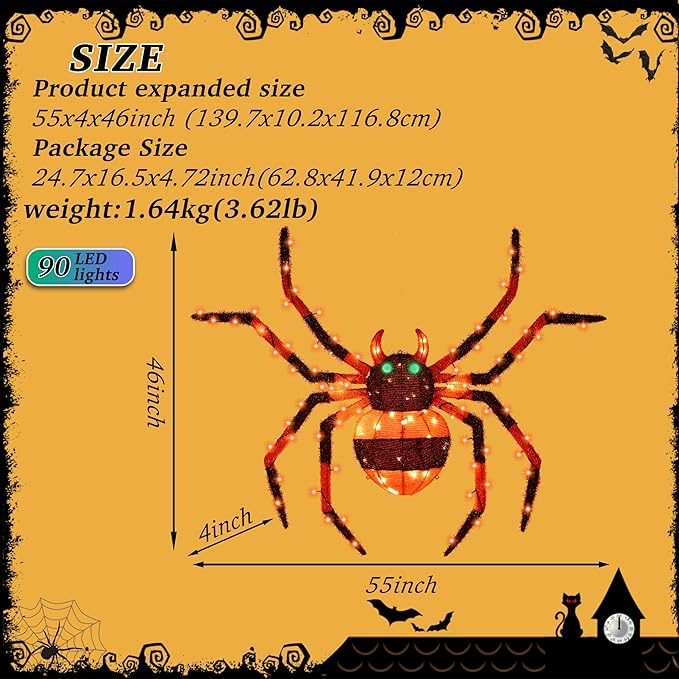 【1 Piece】 4.6Ft Giant Spider Halloween Decorations Outdoor 55" Light Up Spider with 90 LED Lights for Front Yard, Porch, Garden, Lawn, Halloween Party (Orange)