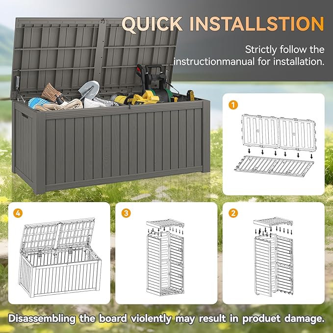 NUNU LAB 180 Gallon Outdoor Storage Box,Large Resin Sturdy Deck Box, Backyard Outside Storage Box Waterproof with Double Wall Panels,Package Delivery Garden Hose Storage Bin Outdoor Tool,Grey