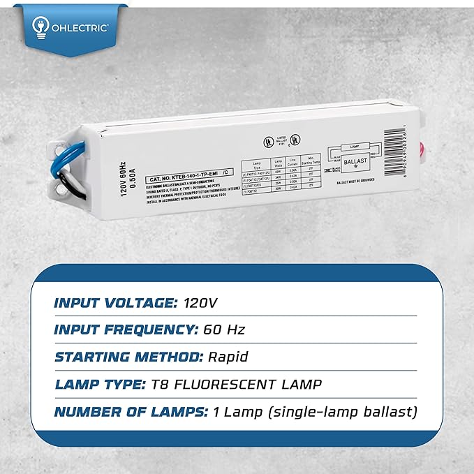 Replacement for Keystone KTEB-140-1-TP-EMI 1 Lamp T12 Electronic Fluorescent Ballast | 120V Input with Instant Start Operation | 0.88 Ballast Factor, UL-Approved