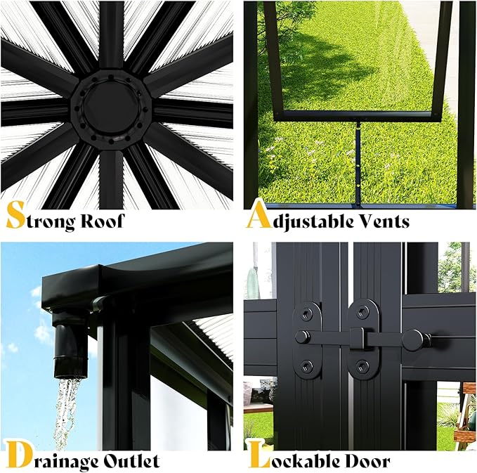 AMERLIFE 12x10x8 FT Hexagonal Hybrid Polycarbonate Greenhouse for Outdoors, Quick-Connect Assembly, Aluminum Frame with Ventilation and Rain Gutter for Backyard Garden, Black