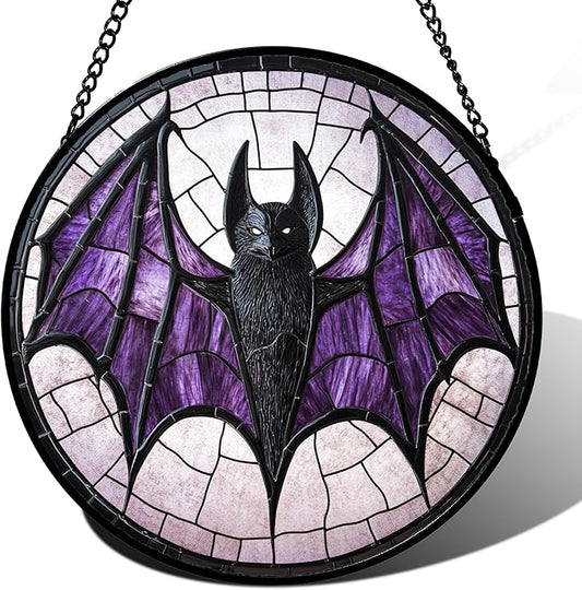 Stained Glass Window Hanging - Halloween Black Bat Purple Wings Monster Suncatcher for Doors Garden Home Spooky Sun Catchers Gothic Decor Horror Gift for Women Men Friend Boy Girl 7.8 in