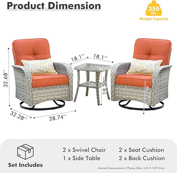 HOOOWOOO Outdoor Patio Bistro Set,3 Pieces Wicker Out Door Swivel Rocking Chair with Matching Side Table,Patio Furniture Sets,Brick Red