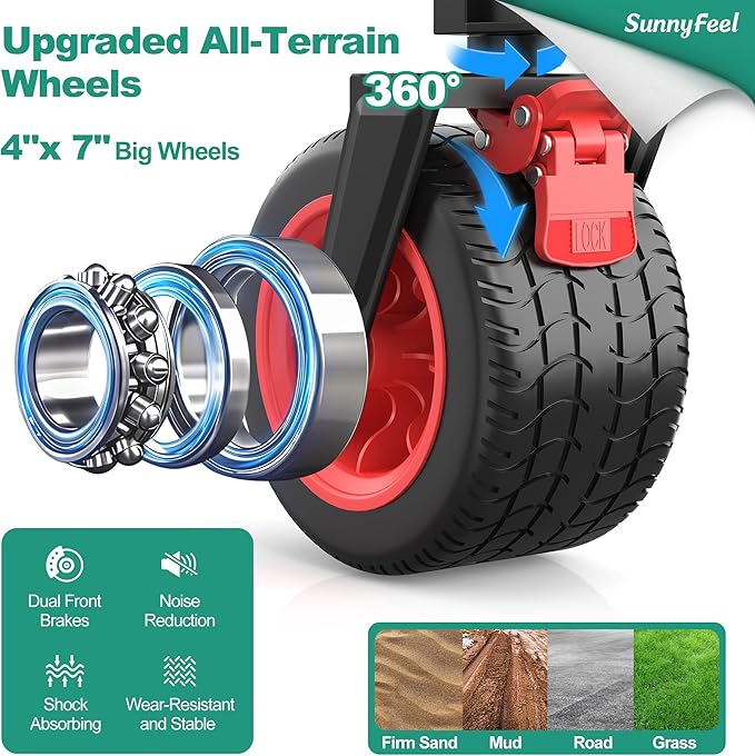 SUNNYFEEL Heavy Duty Collapsible Outdoor Utility Wagon Cart 500LB Capacity Adjustable Handlebar,Foldable Beach Wheels Stable Durable Oxford Fabric for Shopping Garden Camping (Red, Double Deck)