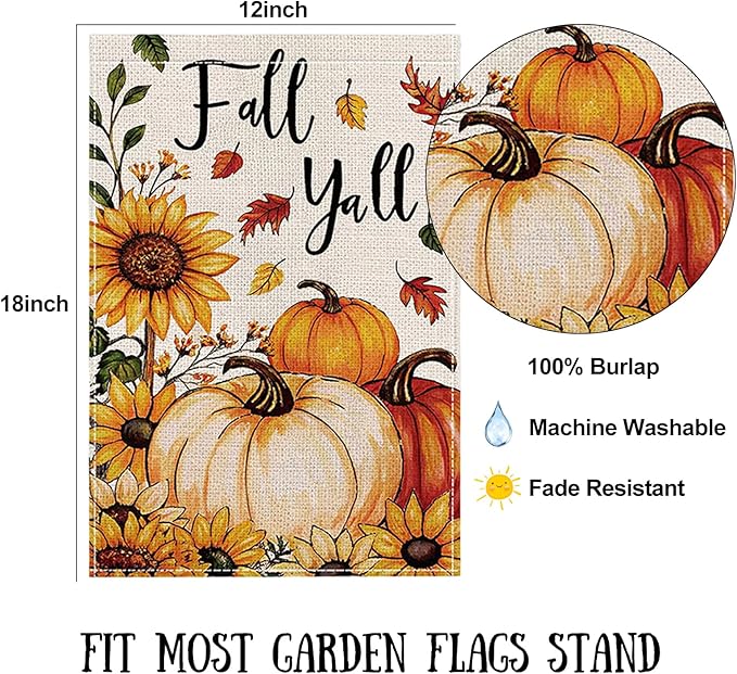 Fall Garden Flag 12 x 18 Inch Double Sided Pumpkin Sunflower Maple Leaves Designs Autumn Burlap Yard Flag for Outside Rustic Yard Outdoor Holiday Home Decoration