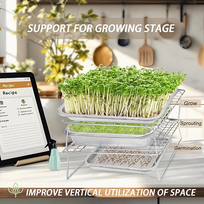 Sprouts Growing Rack 3-Tier 14 inch Shelf, Metal Foldable Plant Stand for Sprouting Tray Indoor, Seed Starting Tray Plant Shelf, Silver Rack for Kitchen Table Top Space Saving