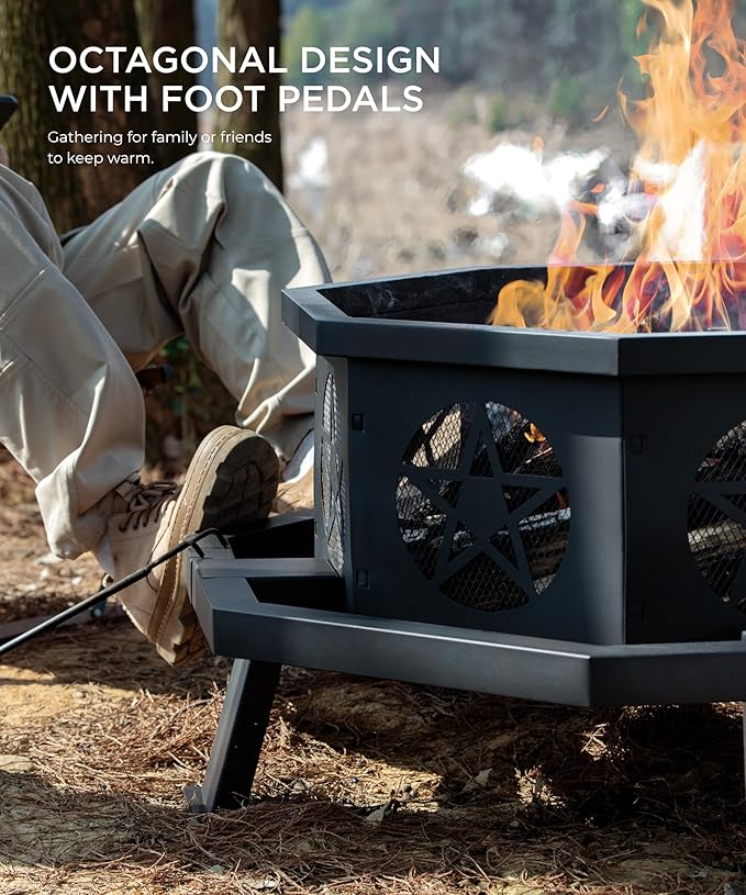 35 inch Fire Pit, Outdoor Fire Pit Wood Burning Fire Pits with Cooking Grill, Large Firepits for Outside Octagonal Heavy Duty Firepit with Poker for Bonfire, Backyard, Patio, Picnic, Camping