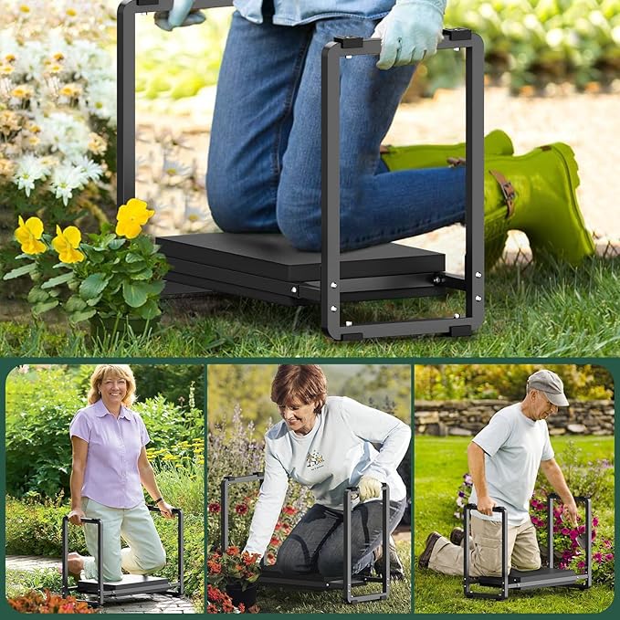 FLINTER 10.2" Wider Garden Kneeler and Seat, Upgraded Heavy Duty Thick Gardening Bench for Kneeling and Seat - Garden Tools with Bags, Gardening for Women, Grandparents, Mom & Dad, Black