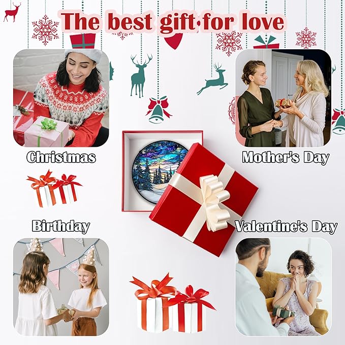 Stained Glass Window Hanging, Starry Sky Trees and Snow Sun Catchers Glass Panel Blue Suncatcher Decor for Birthday for Women, Men, Wife, Aunt, and Mom 7.8 in