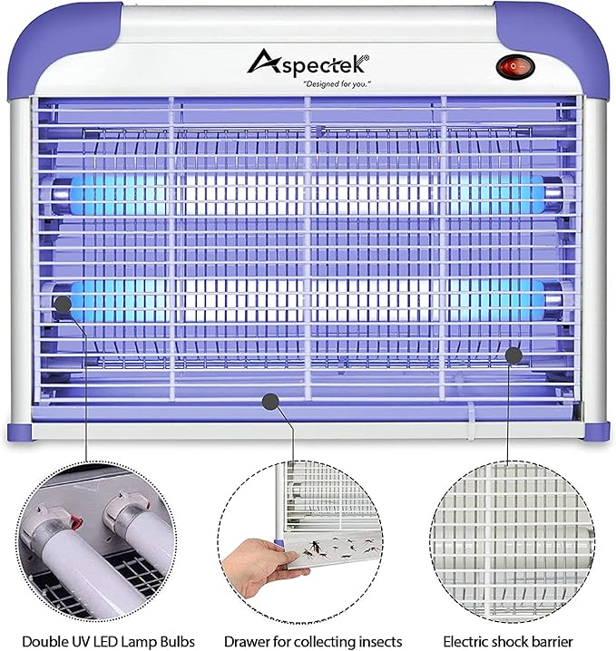 ASPECTEK 20W Indoor Bug Zapper, Powerful UV Bugs Lamp Attract Insects and 2800V Grid Kills Flying Insects, Includes 2 Replacement Insect Killer Lights