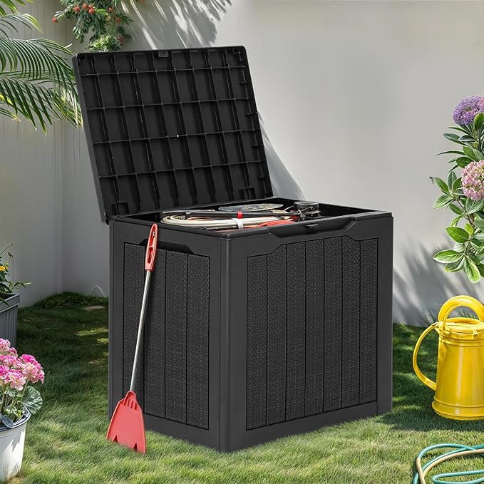 YITAHOME 30 Gallon Outdoor Storage Box, Small Water Resistant Resin Deck Box, Indoor Outdoor Lockable Rattan Storage Container for Patio, Garden, Cushions, Tools, Equipment (Black)