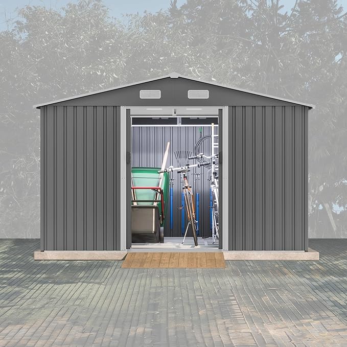 10X8 FT Outdoor Tool Storage Shed with Metal Foundation & Lockable Doors, All Weather Metal Sheds for Garden, Patio, Backyard, Lawn, Gray