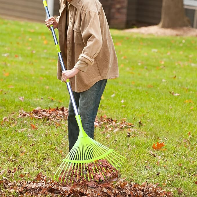 Metal Leaf Rake, 65" Long Handle Garden Rakes Lightweight, Lawn Rake with 24 Teeth Wide Steel Tines, Leaf Scoop Grabbers for Leaves, Debris,Grass, Pine Needles Pick