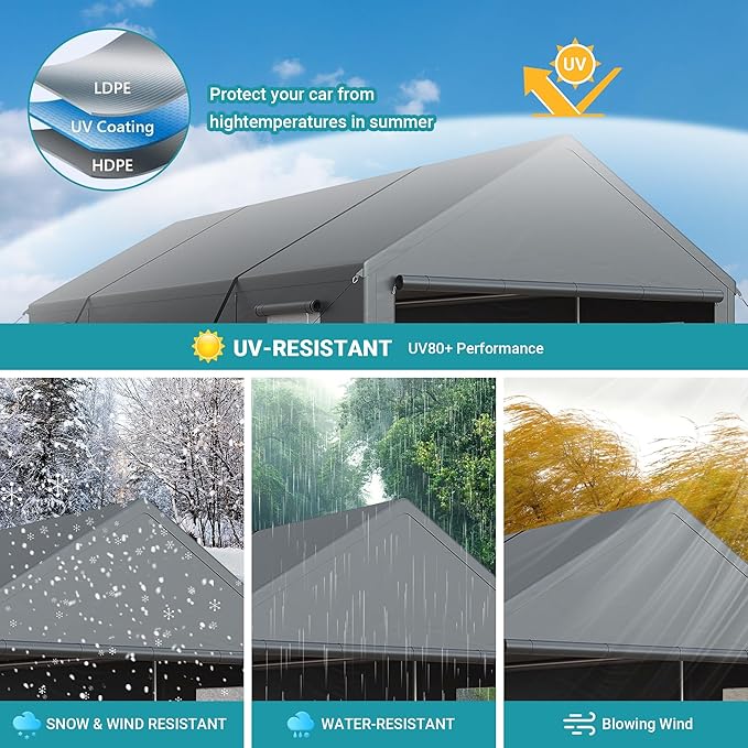 Carport, 13x25 FT Heavy Duty Car Port with Side-Opening Door & Roll-Up Windows, Outdoor Portable Garage Reinforced Four-Hole Base for Car, Truck, Boat, Motorcycle