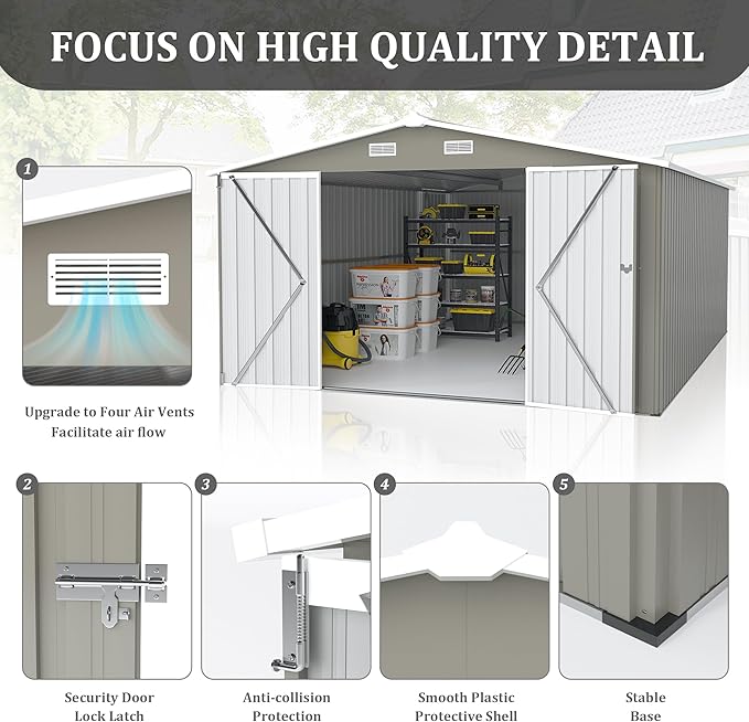 KEIKI 10x 14 FT Metal Storage Shed Outdoor, Large Garden Shed with Roof & Lockable Doors, Utility Tool Sheds Frame & 4 Vents for Patio Backyard Bicycles Storage House, All Weather Use, Light Grey