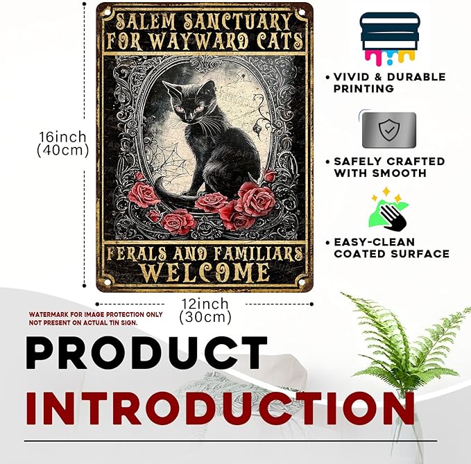 Halloween Black Cat Vintage Sign Salem Sanctuary For Wayward Cats Halloween Metal Sign for Home Bar Kitchen Hotel Dining Room Coffee 12x16inch