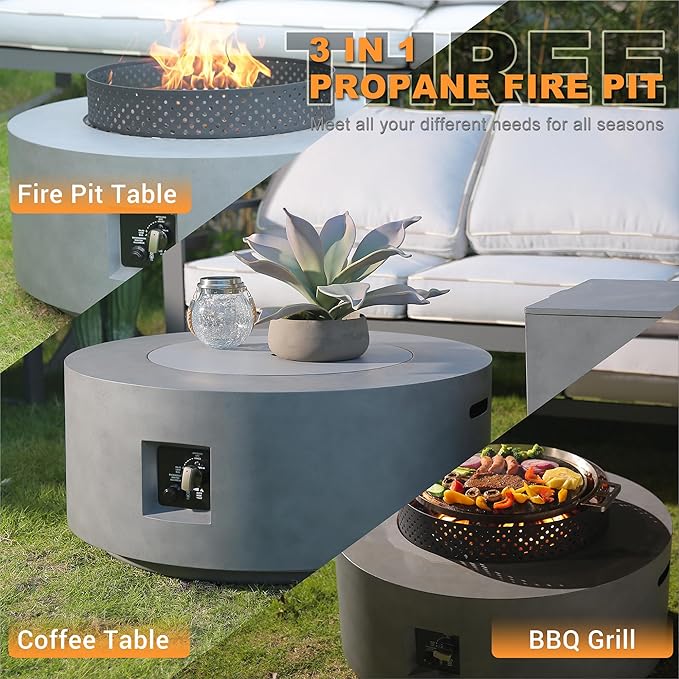 32 Inch Fire Pit Table, 3-Piece Outdoor Propane Fire Pit Table 65,000 BTU Round Gas Firepit, Wind Guard, 16 inches Tank Side Table and Baking Sheet for Garden, Patio, Grey