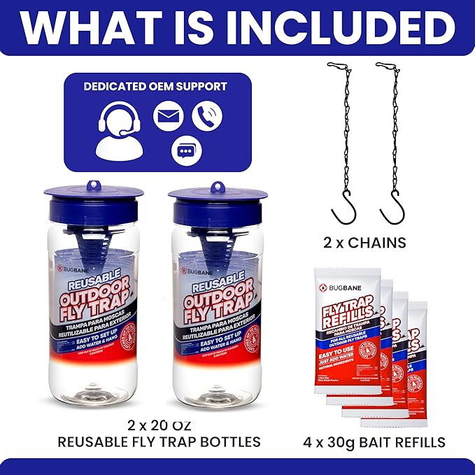2 Fly Traps Outdoor Fly Trap for Patio with 4 Non-Toxic Dissolvable Bait Refills Plus 5 Sticky Ribbons. Reusable Hanging Bug Catcher Killer for All Filth Flies for Outside Bug Control Yard Ranch.