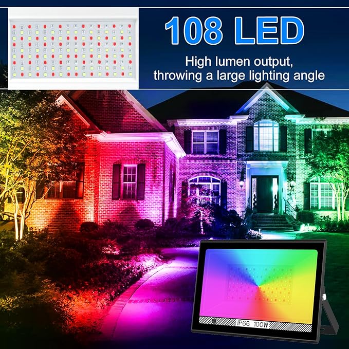T-SUN RGB Led Flood Light 100W,Outdoor Flood Light 1000W Equivalent 10000Lm Christmas Light Color Changing Led Stage Lights IP66 Waterproof Landscape Lights with Remote Outdoor for Garden Yard