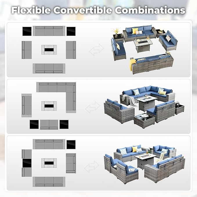 ovios 13 Pieces Patio Furniture Set, Outdoor Wicker Sectional Sofa with 42 Inch Fire Pit Table Comfy Cushions, Modern Modular Deep Seat Rattan Couch Conversation Set, Denim Blue