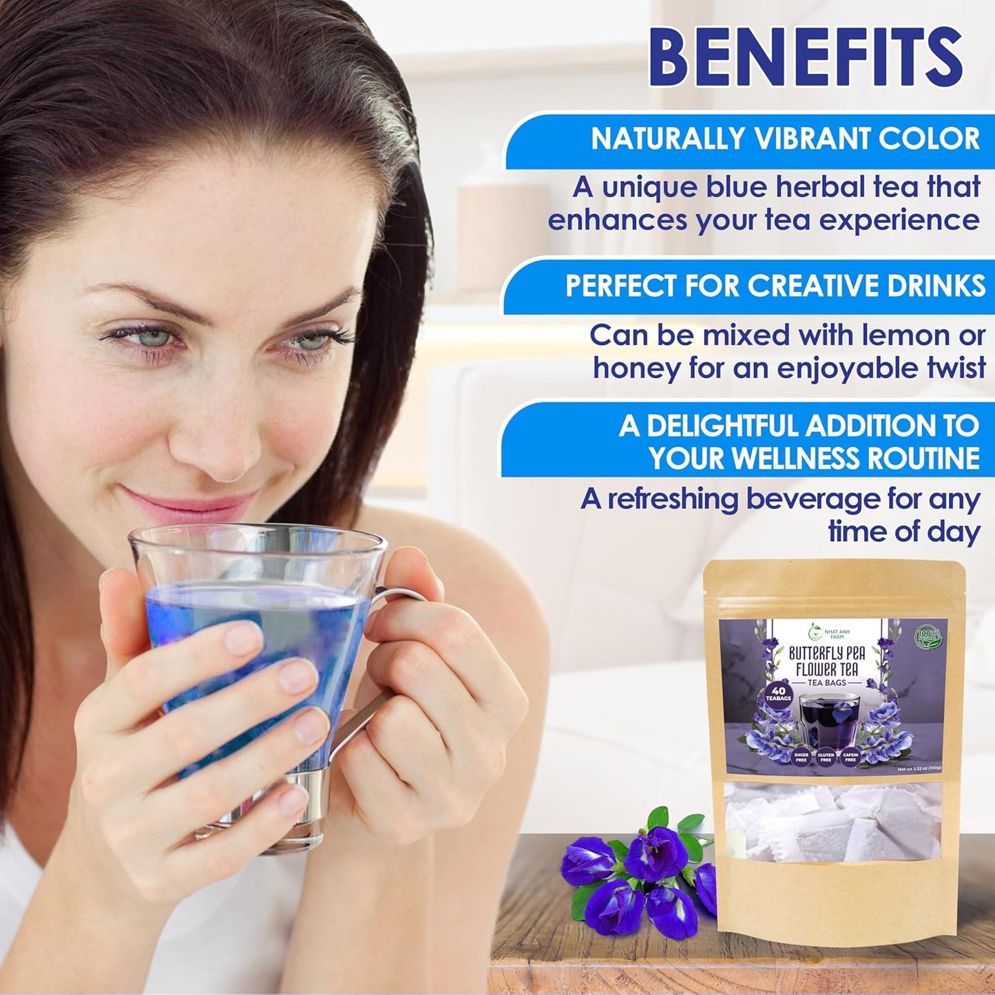 Nhat Anh Farm - Premium Butterfly Pea Tea Bags - Dried Butterfly Pea Flower Tea Bags - 40 Teabags, 2.5g/bag), 100% Natural & Pure/Sugar/Caffeine/Gluten Free. Good For Your Health