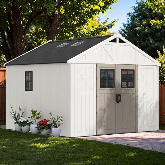 Greesum 10×10 FT Plastic Outdoor Storage Shed with Floor and Lockable Door, Resin Sheds with Windows and Skylights, Weather Resistant Organization for Garden, Lawn, Pool Supplies, Beige