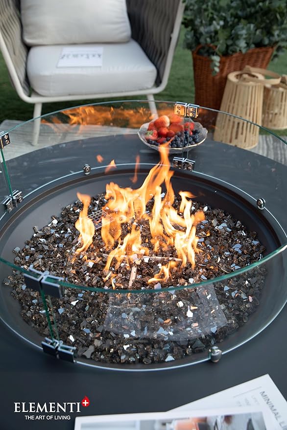 Elementi+ | Bundle Nimes Gas Fire Pit Cast Concrete 40" Dia. Round Fire Table, Outdoor Fire Pit Electronic Ignition | Canvas Cover, Fire Glass and Burner Lid Included | Dark Gray | Propane Gas