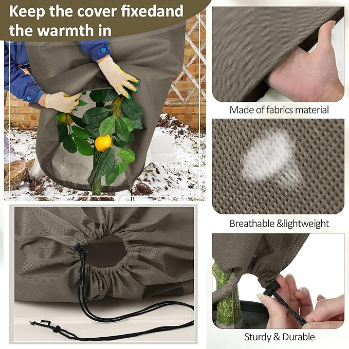 12 Packs Winter Plant Covers Freeze Protection Drawstring Tree Cover 23.62 x 31.5 in Large Reusable Frost Protection for Plants Fruit Tree Shrub, Outdoor Prevention Bag (Brown)