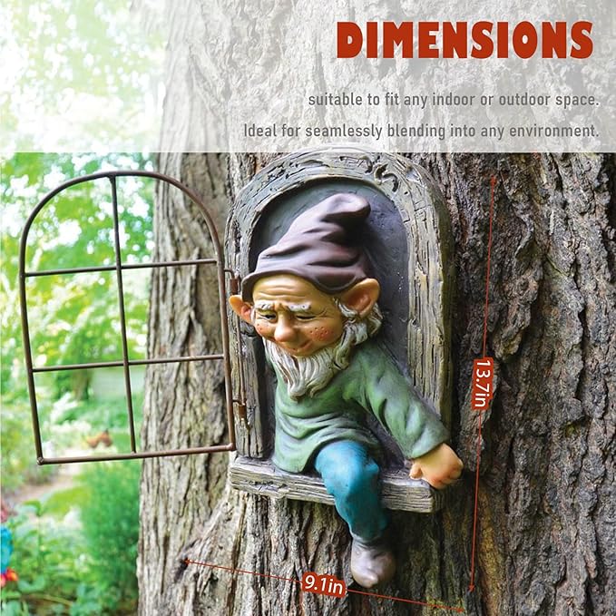 Gnome Tree Faces Decor Outdoor Statue, Whimsical Yard Art Decor Garden Fairy Sculpture for Fence Lawn Patio Porch Home, Tree Hugger Peeker 12 Inch Tall