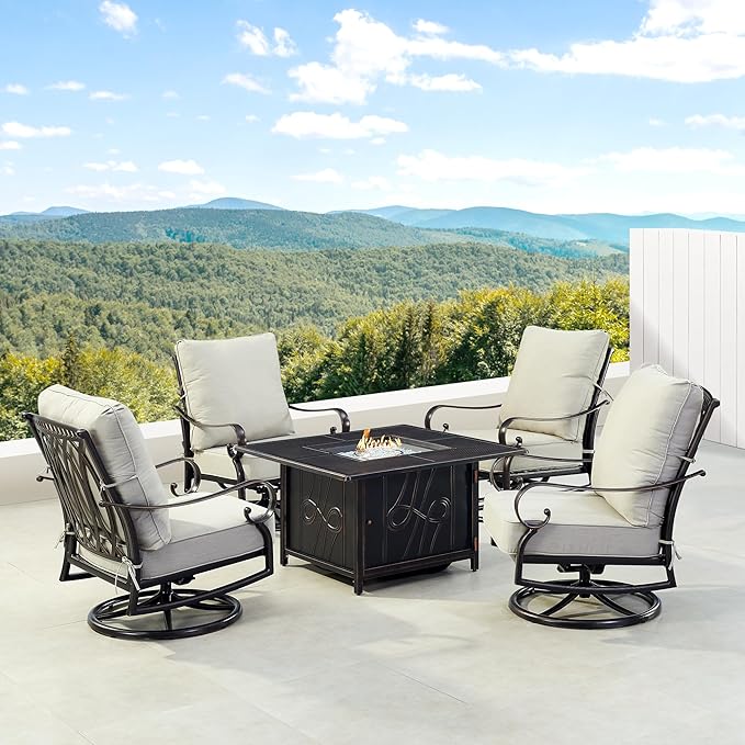 Oakland Living RICA-4CH-REGIS-LGCU-AC Black Aluminum Patio Fire Table Set with Four Club Chairs, Antique Copper