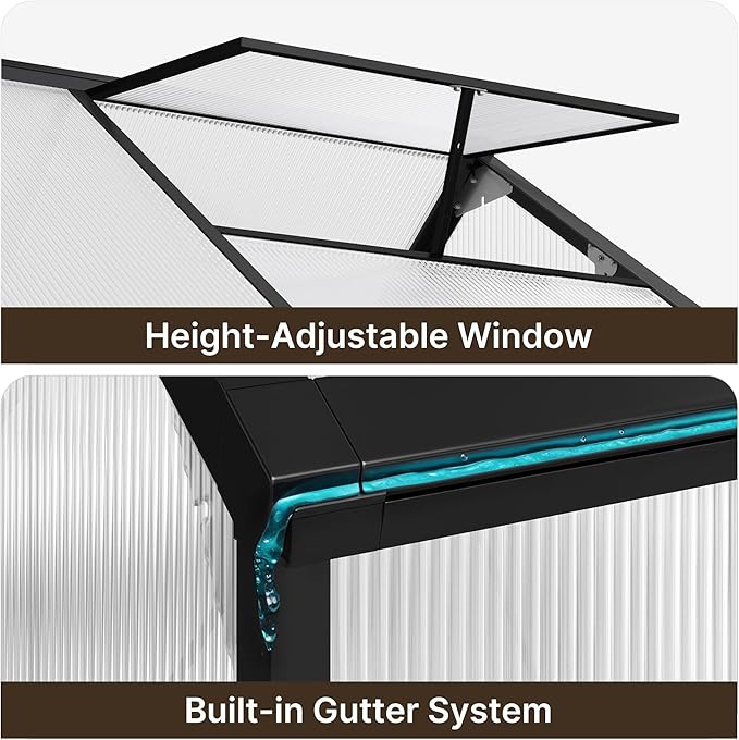 Gizoon 6x4 FT Outdoor Greenhouse, Quick Setup Polycarbonate Greenhouse with Adjustable Roof Vent and Sliding Door, Aluminum Walk-in Greenhouses for Outside Backyard Gardening (Black, 6X4FT)