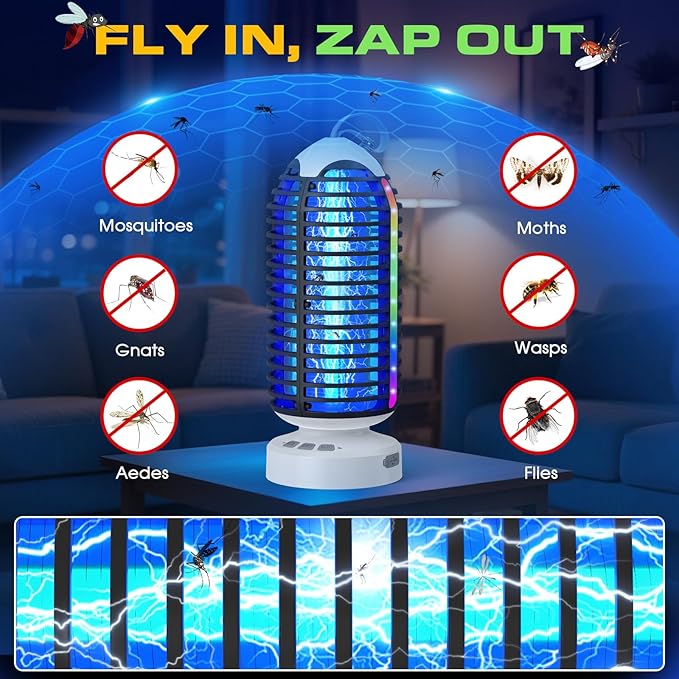 Bug Zapper Outdoor Indoor, 2 Pack Cordless Mosquito Zapper with LED Lights and Marquee Lights, Rechargeable Fly Zapper Outdoor Waterproof for Camping, Patio, Backyard, Garden, Home