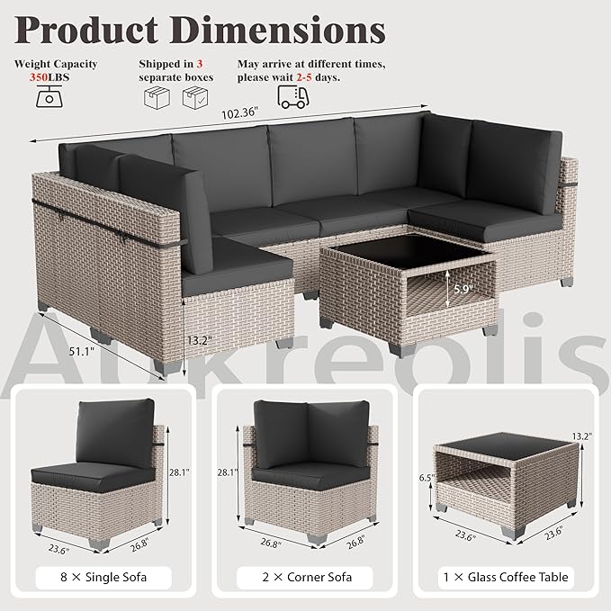 11 Pieces Patio Furniture Set, Outdoor Sectional Wicker Sofa with Thick Cushions and Storage Coffee Table, Rattan Patio Conversation Sets for Deck Garden Poolside, Black