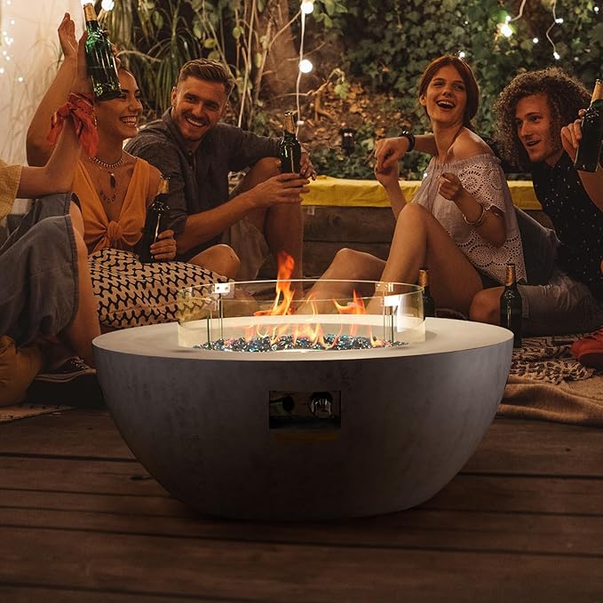 VEVOR Propane Fire Pit, Outdoor Concrete Gas Fire Pit, 39 in Tabletop with Lava Rocks, Lid,Rain Cover,Adjust Flame Height Camping Firepit for Heating, Lighting, 50000 BTU