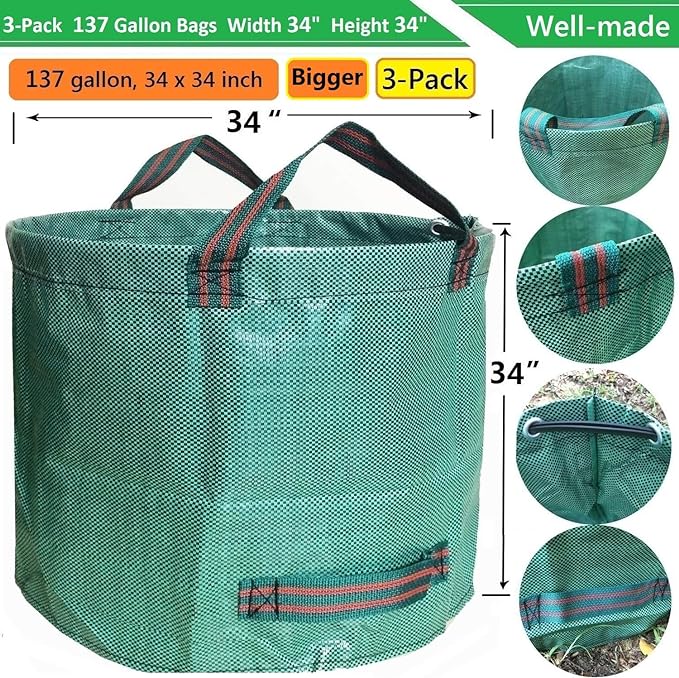 Professional 3-Pack 137 Gallon Lawn Garden Bags (D34, H34 inches) Big Yard Waste Bags with Garden Gloves, Extra Large Reusable Leaf Bags,Garden Clippings Bag,Leaf Container,Yard Trash Bags 4 Handles